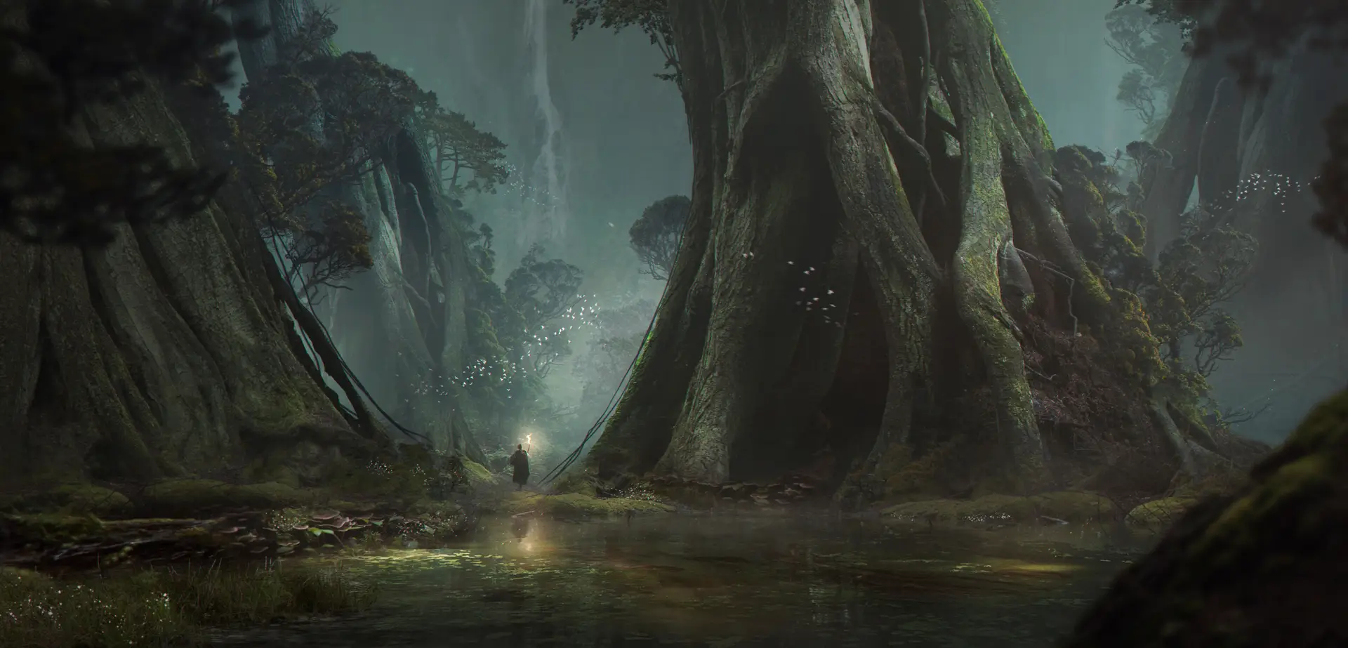 Uma pessoa pequena, envolta em um manto, segura uma fonte de luz mágica que se reflete na água. Ela está em uma floresta de árvores gigantescas, cujas raízes maciças formam arcos. Ao fundo, uma cachoeira e uma névoa densa criam uma atmosfera misteriosa.