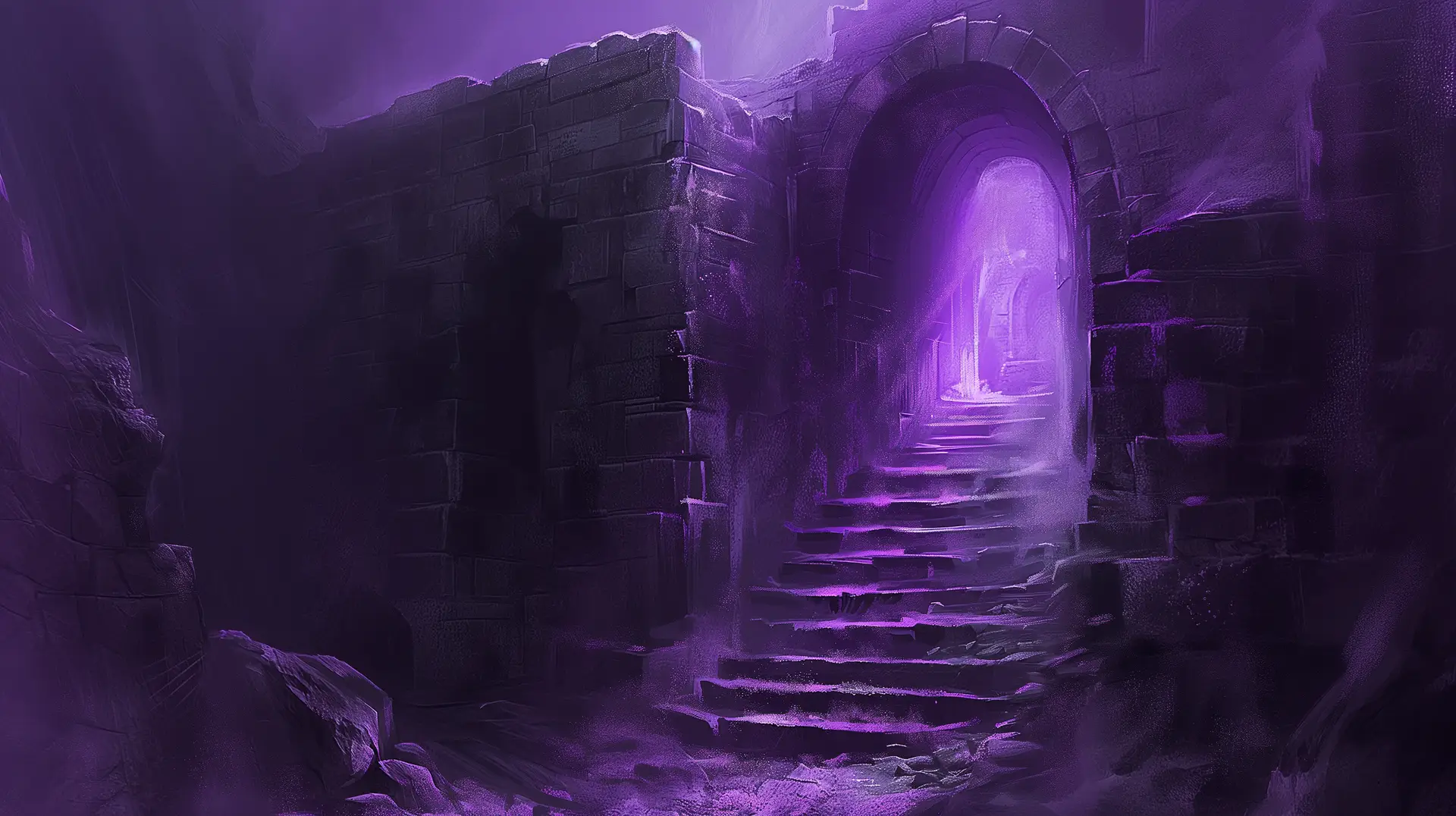 Um portal de pedra desgastado pelo tempo se abre para uma escadaria que desaparece em uma névoa roxa brilhante. As paredes ao redor são escuras e irregulares, sugerindo ruínas antigas ou uma masmorra. Uma luz espectral emana do final da escada, criando um forte contraste com a sombra circundante.