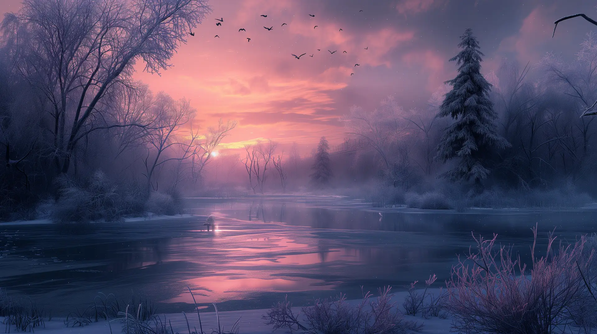 Cena de inverno ao amanhecer, com um lago congelado no centro, cercado por árvores cobertas de neve e névoa. Pássaros voam contra um céu colorido de rosa e laranja.