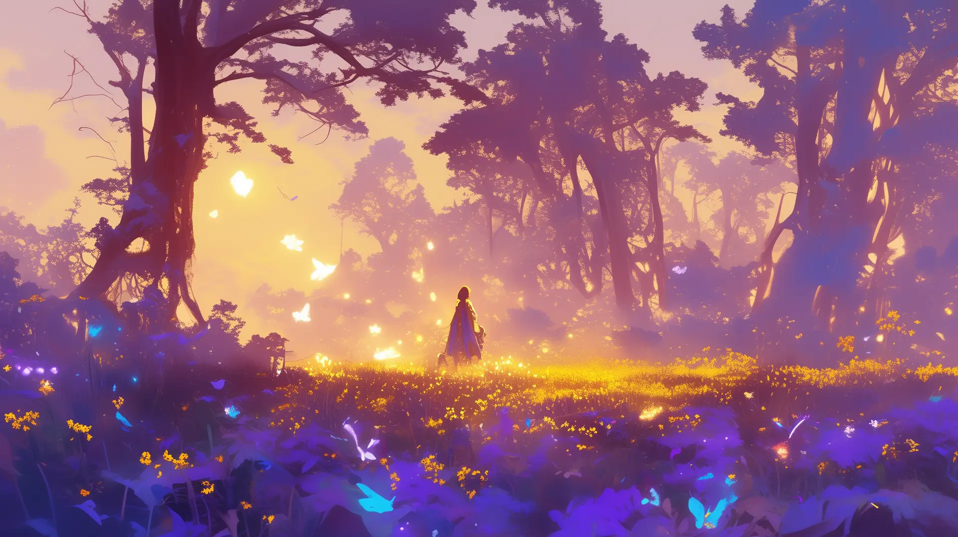 Uma mulher de costas, vestindo um manto, está sozinha em um campo repleto de flores azuis e amarelas brilhantes. Árvores altas e escuras emolduram a cena, com luz dourada filtrando por entre as folhas e pequenas partículas luminosas flutuando no ar.