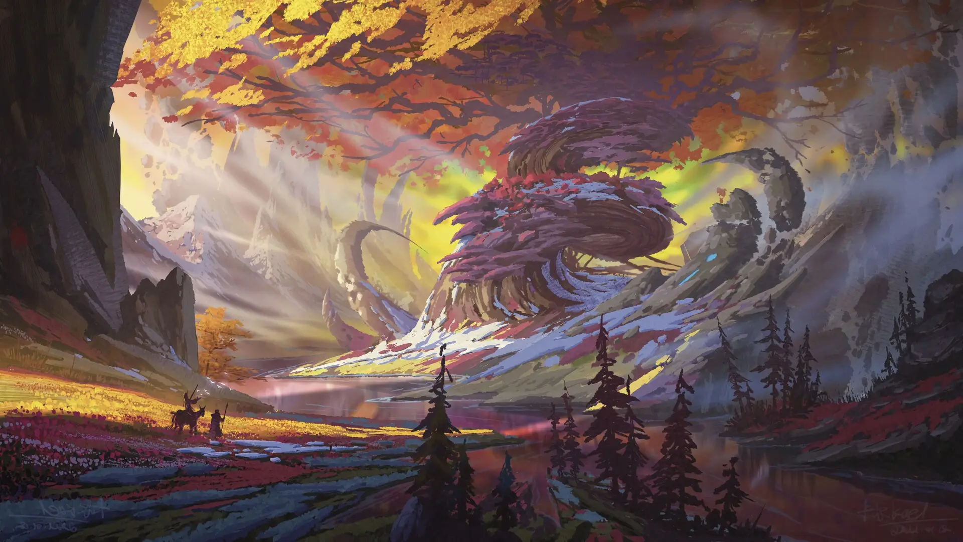 Um vale de cores irreais é iluminado por raios de sol que atravessam copas de árvores em tons de dourado, vermelho e roxo. Um rio de águas calmas reflete a luz e a vegetação exuberante, incluindo pinheiros e flores coloridas. Ao longe, duas figuras escuras acompanhadas por animais semelhantes a cervos se movem em direção à cena principal.