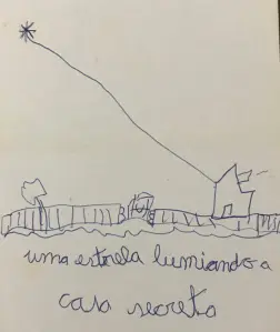 desenho de uma criança onde se pode ver uma casa e uma estrela no céu